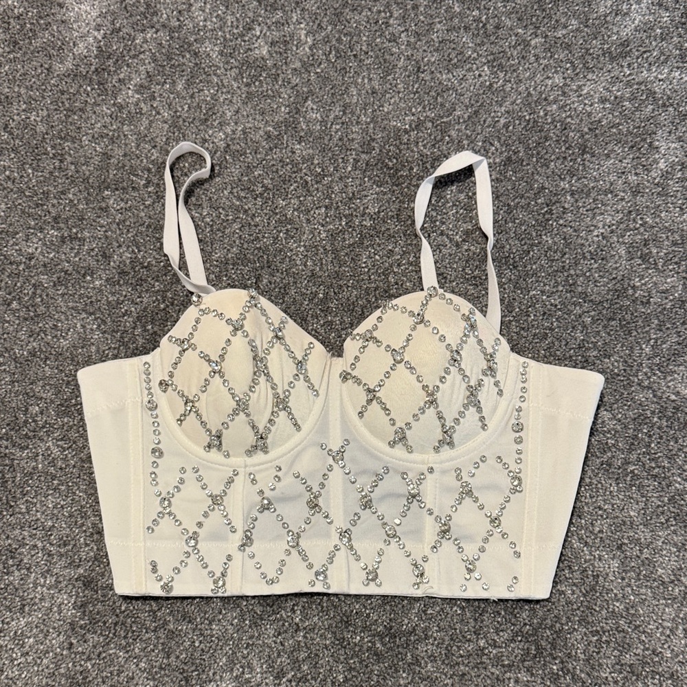 Elegant White and Silver Embellished Bustier